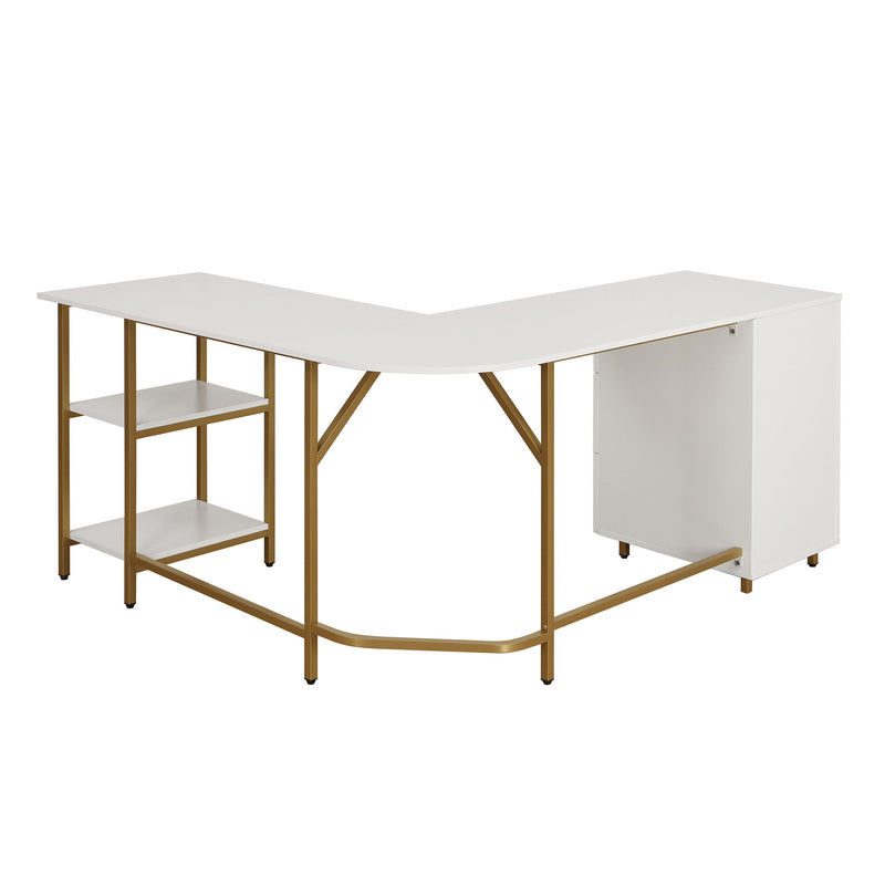 L Shape Computer Desk With Three Drawers - White / Gold