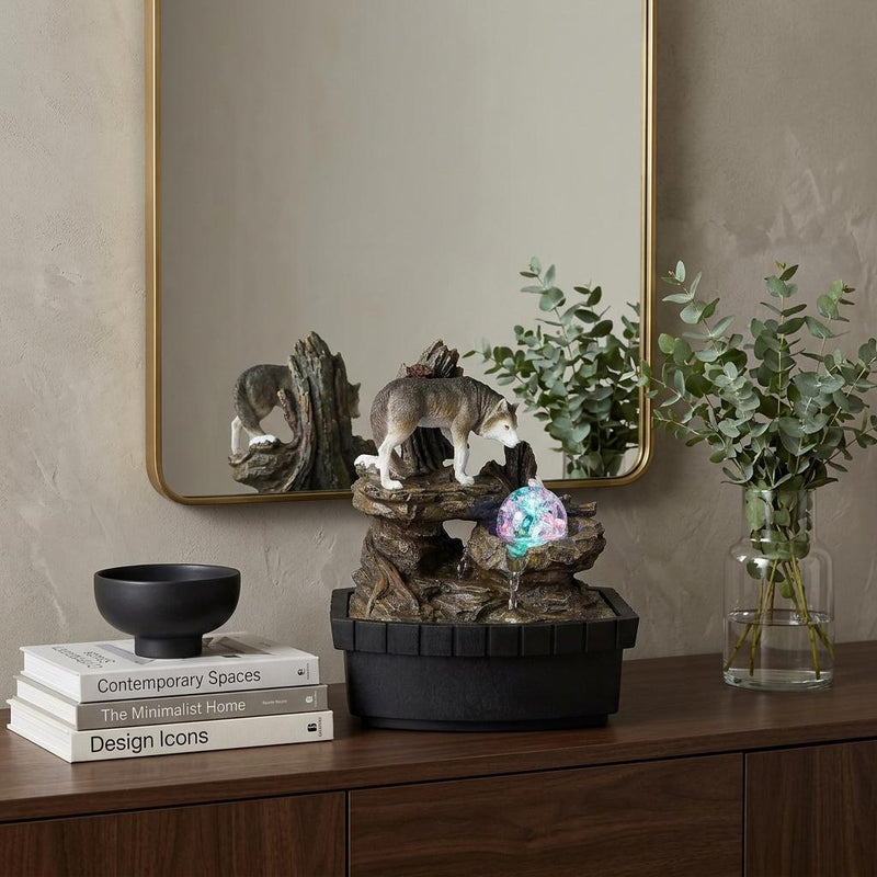 Poly Wolf Tabletop Fountain Sculpture - Black