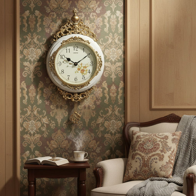 Silent Pendulum Ornate Round Wall Clock - Ivory / Gold