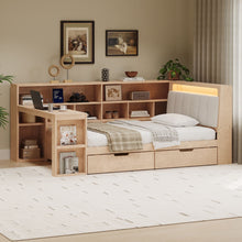 Load image into Gallery viewer, L Shaped Daybed With Desk, Bookcase, Upholstered Headboard, Drawers, And LED Light
