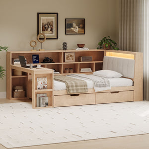 L Shaped Daybed With Desk, Bookcase, Upholstered Headboard, Drawers, And LED Light