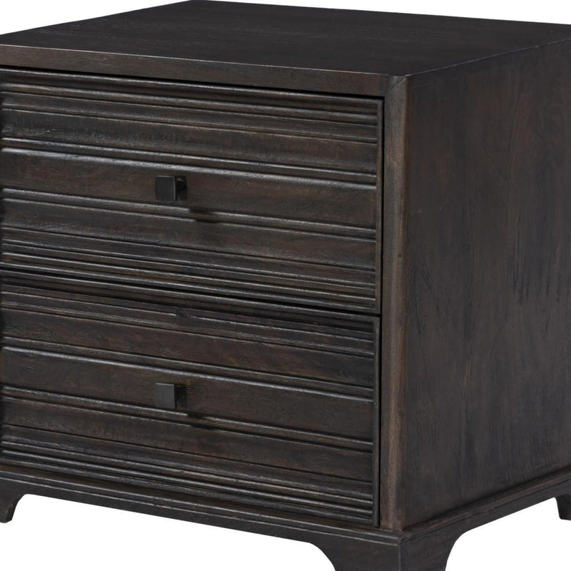 Solid Wood Distressed Carved Geometric Two Drawer Nightstand - Umber