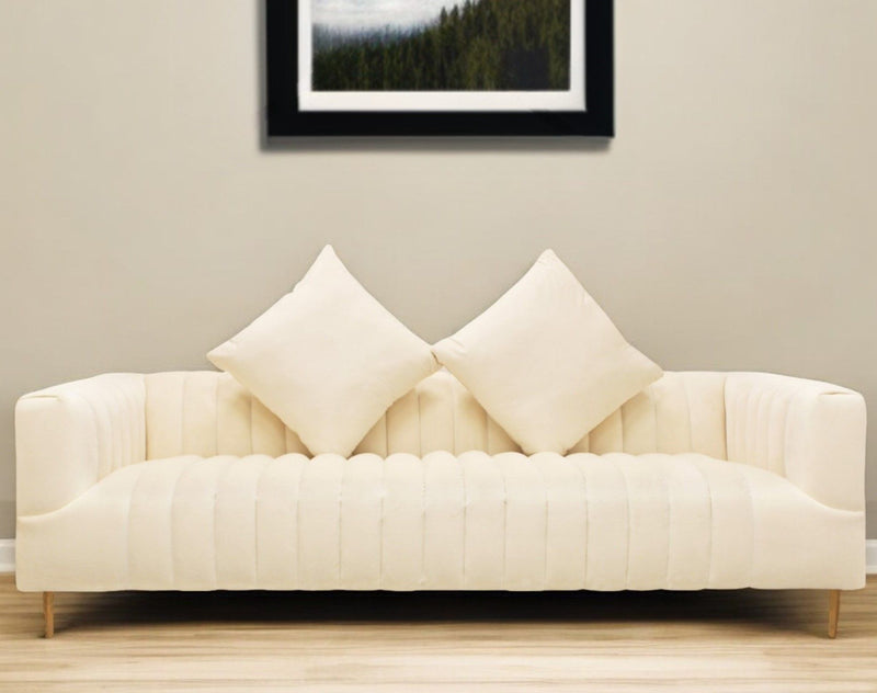 Velvet Sofa And Toss Pillows With Gold Legs - Ivory