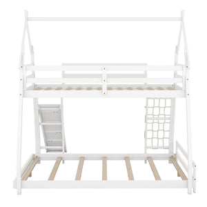 Twin over Queen House Bunk Bed with Climbing Nets and Climbing Ramp, White