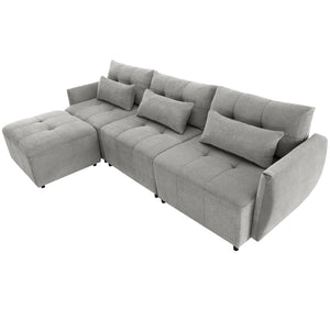 113.3" Convertible Sectional Sofa Couch 3-Seat L-Shaped Sofa with Movable Ottoman and  USB for Apartment, Living Room, Bedroom, Grey