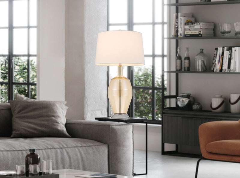 Metal Round Table Lamp With White Drum Shade - Nickel