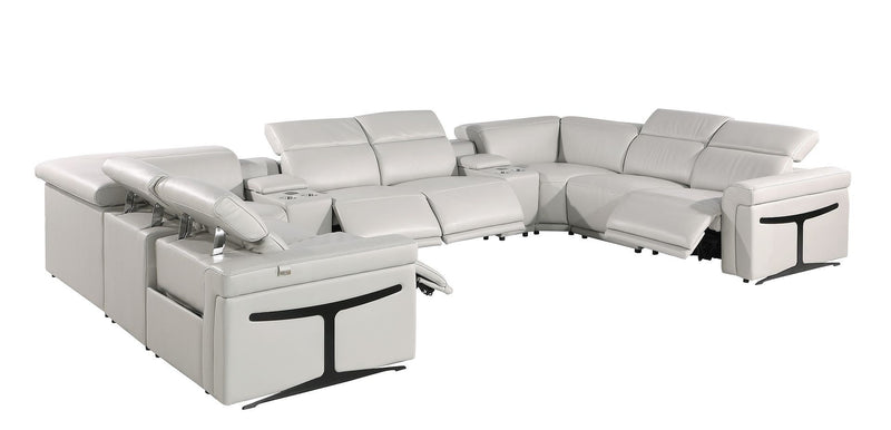 Italian Leather Power Reclining U Shaped Ten Piece Corner Sectional With Console - Light Gray