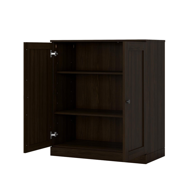 Adjustable Three Tier Library Bookcase With Two Doors - Espresso