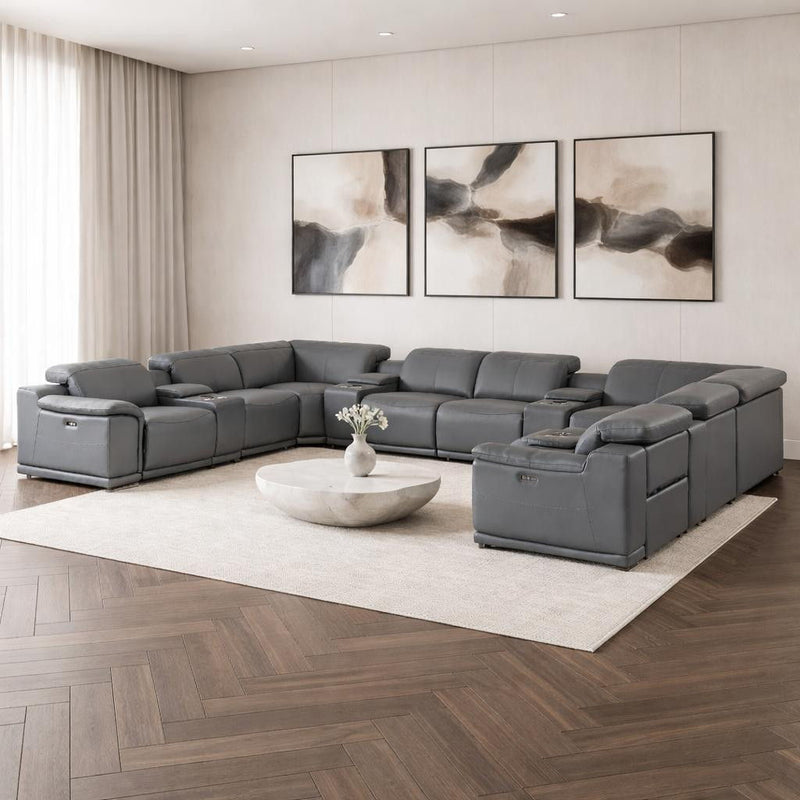 Leather Modular U Shaped Twelve Piece Corner Sectional With Console - Battleship Gray