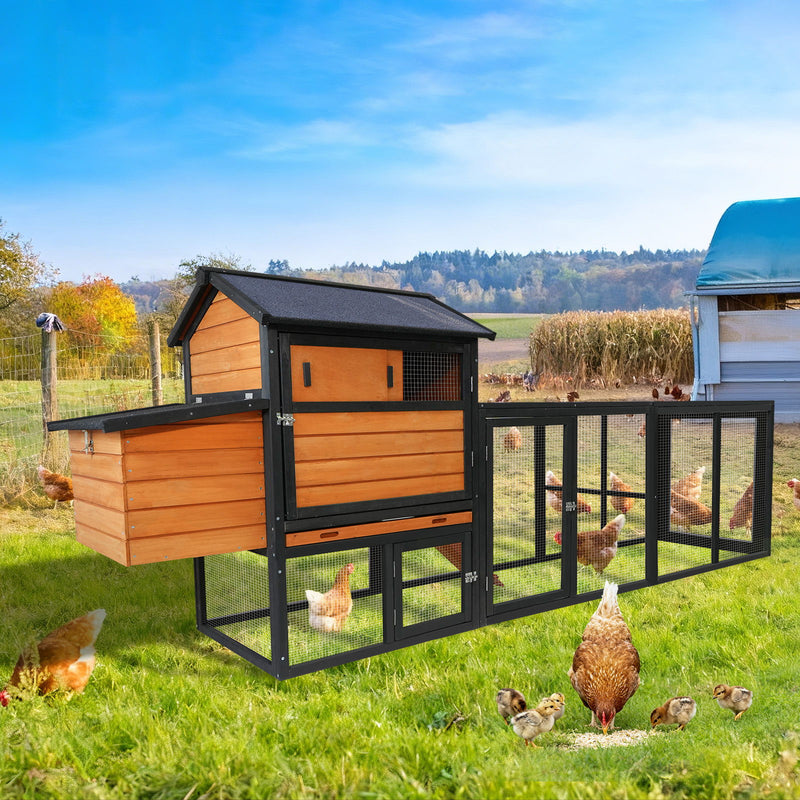 Chicken Coop, Large Outdoor Hen House & Run And Nesting Box Poultry Cage, Rabbit Hutch - Brown / Black