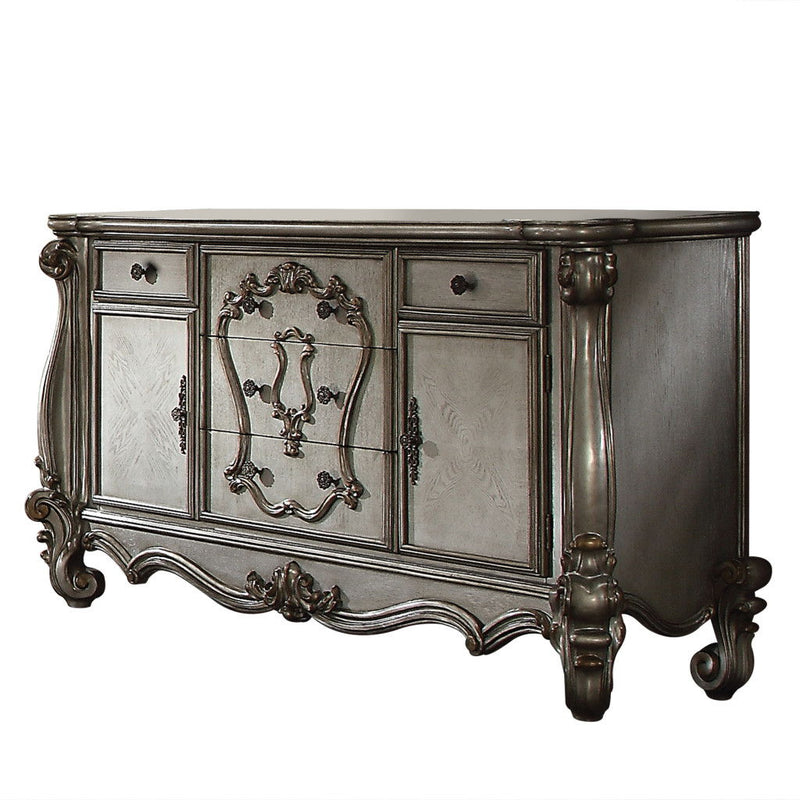 70" Carved Scrollwork Wood And Polyresin Five Drawer Triple Dresser - Platinum