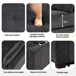 65.7" Velvet Upholstered Sleeper Bed , Pull Out Sofa Bed Couch attached two throw pillows,Dual USB Charging Port and Adjustable Backrest for Living Room Space, Black