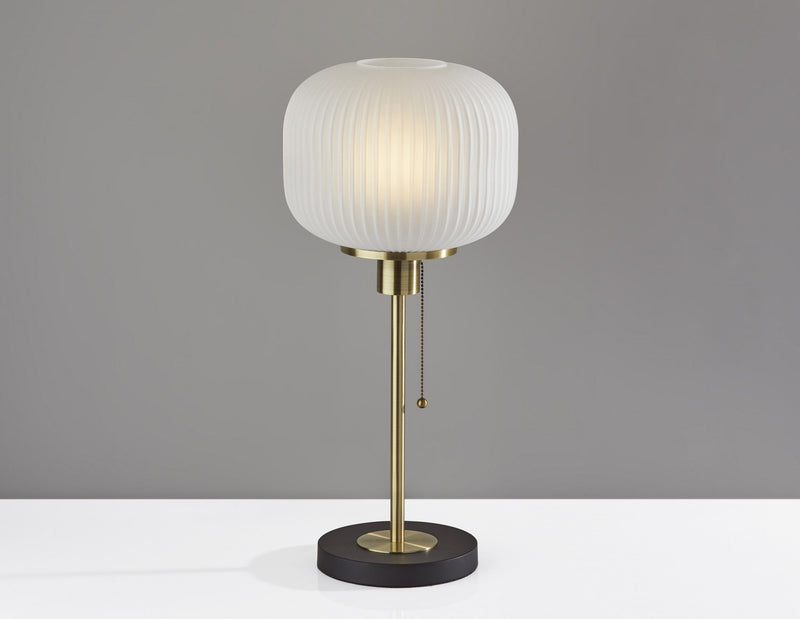 Table Lamp With White Ribbed Frosted Glass Dome Shade - Antiqued Brass