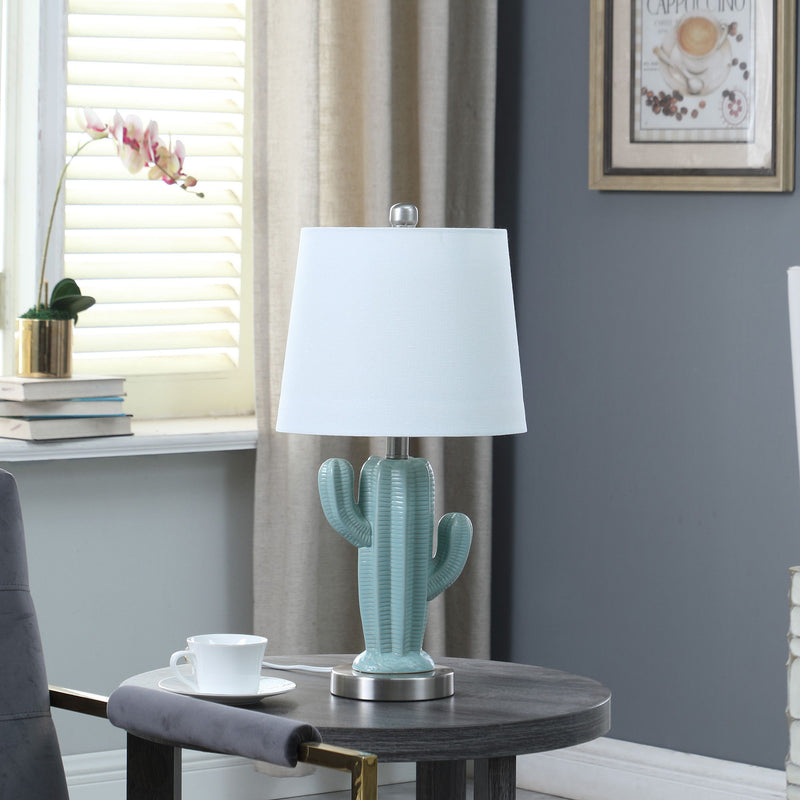 Ceramic Cactus Table Lamp With White Shade - Pale Blue / Green