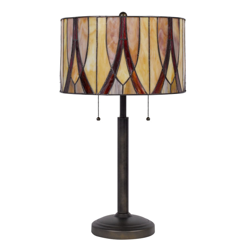 Metal Two Light Table Lamp With Red And Ivory Drum Shade - Bronze