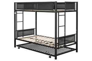 Metal Twin over twin bunk bed with Trundle/ Sturdy Metal Frame/ Noise-Free Wood Slats/ Comfortable Textilene Guardrail/ 2 side Ladders/ Space-Saving Trundle/ Bunk Bed for Three/ No Box Spring Needed