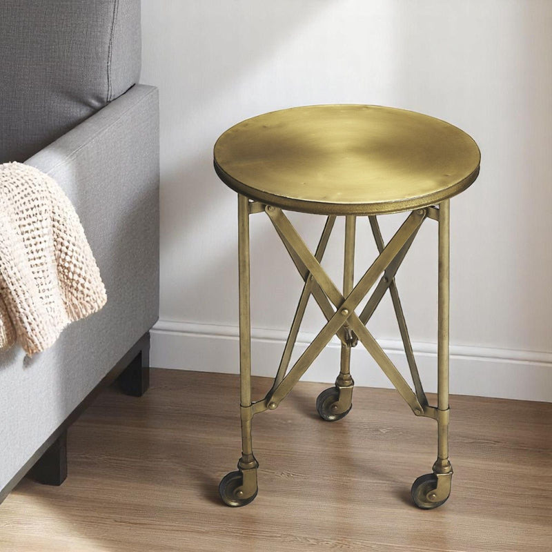 24" Antiqued Iron Round Rolling End Table - Gold