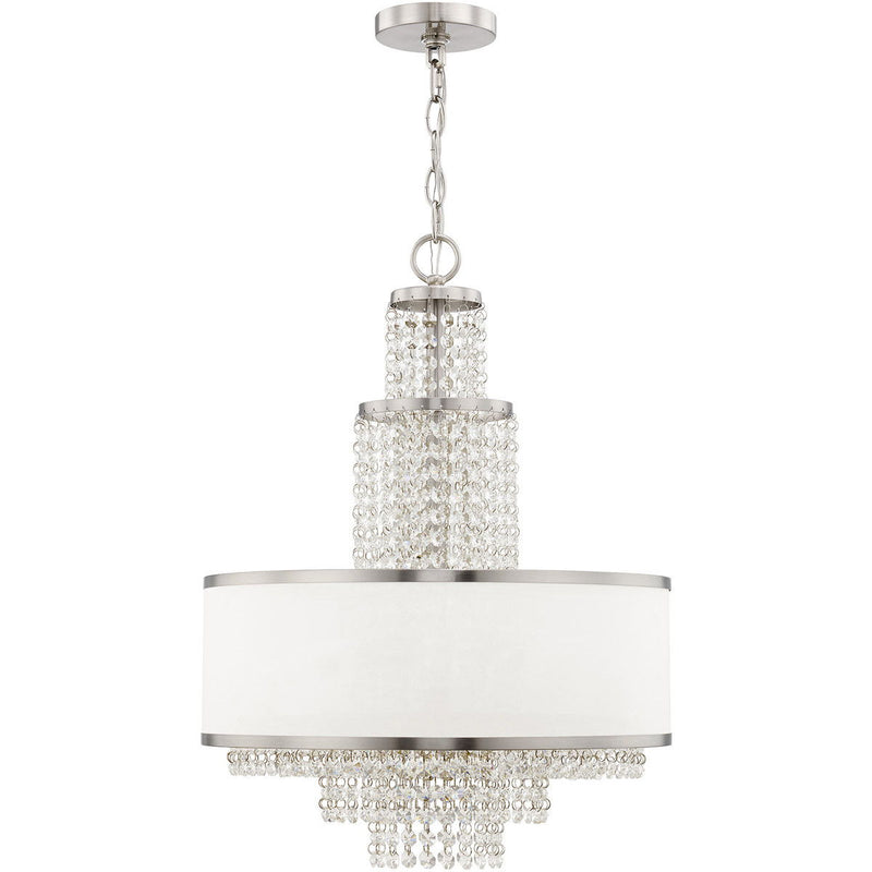 Five Light Metal Dimmable Chandelier With Shades - Nickel / Clear / Off White