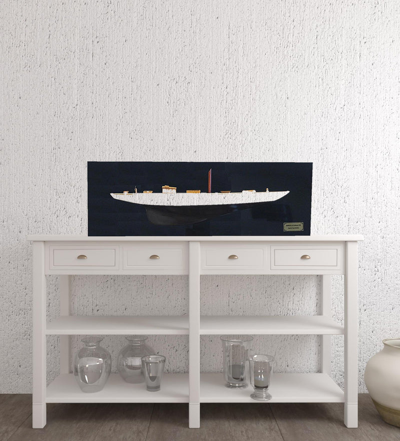 Hand Painted Shamrock V Yacht Half-Hull Model Boat - Black / White