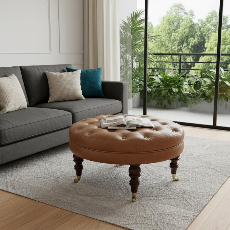 Leather Round Footstool (723465) - Brown