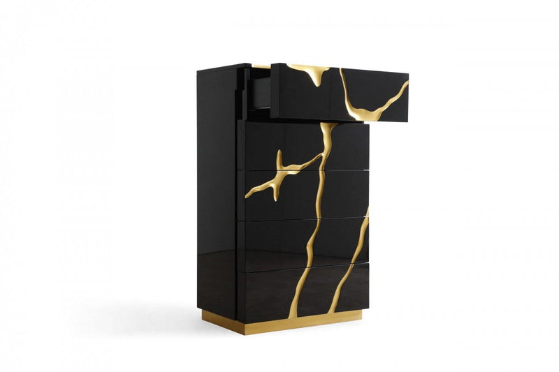 Carved Abstract Wood Five Drawer Dresser - Black And Gold