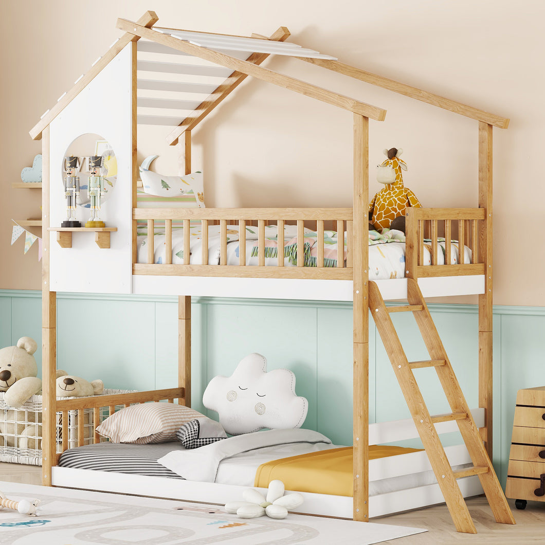 Twin Over Twin Bunk Bed Wood Bed with Roof, Window, Ladder,Natural(OLD SKU :LT100008AAD)