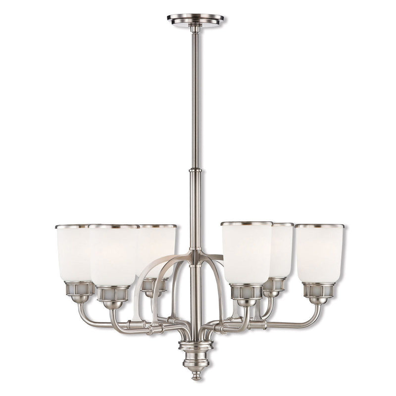 Six Light Metal Dimmable Chandelier With Shades - Nickel / Opal