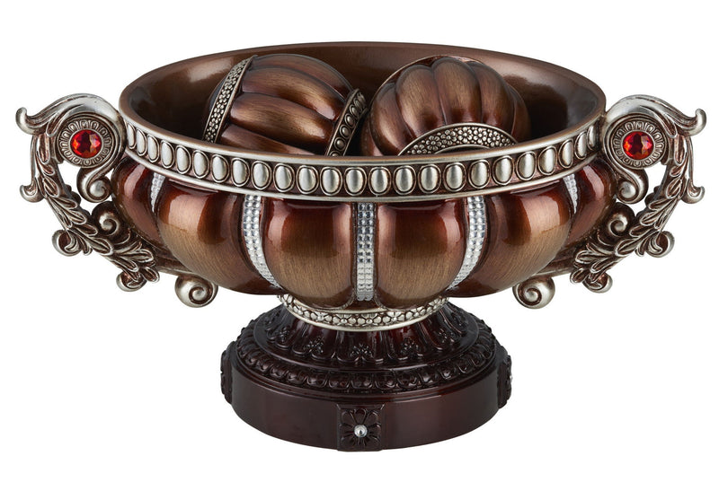 Reddish Poly Decorative Bowl With Orbs - Red / Bronze