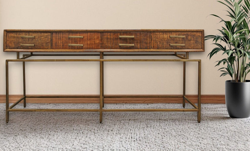 72" Solid Wood Distressed Frame Console Table With Storage - Brown And Brass