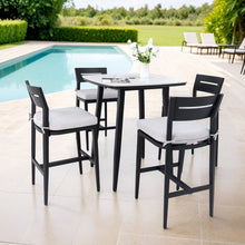 Load image into Gallery viewer, Modern Outdoor Patio Bar Set, Rounded Square Table &amp; Bar Chairs, Non Rust Frame, Tapered Legs, Sunbrella Cushion
