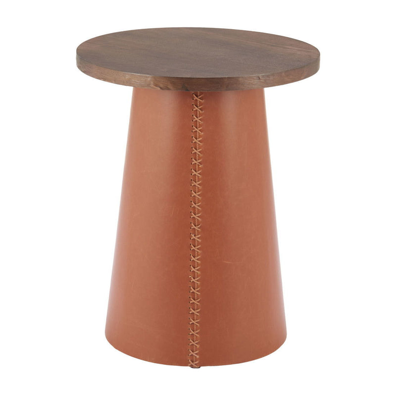 23" Wood And Faux Leather Round Pedestal End Table - Brown