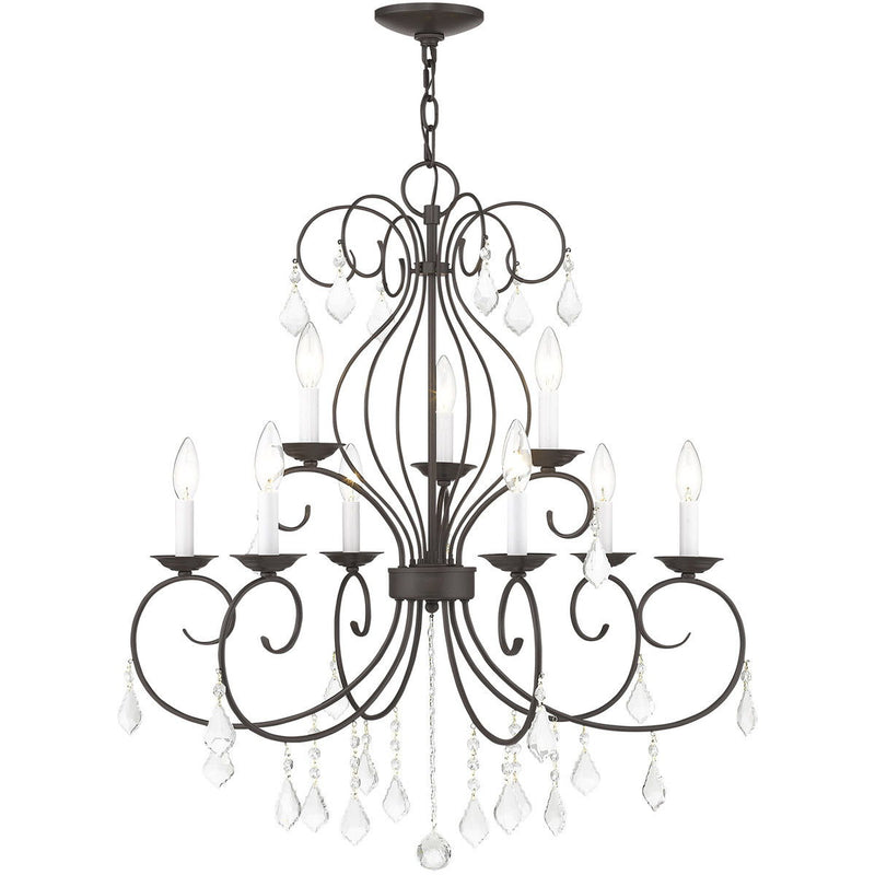 Nine Light Metal Dimmable Chandelier With Shades - Bronze / Clear