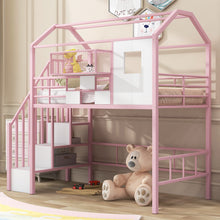 Load image into Gallery viewer, Metal Loft Bed With Roof Design And Storage Box With Guardrails And Integrated Ladder
