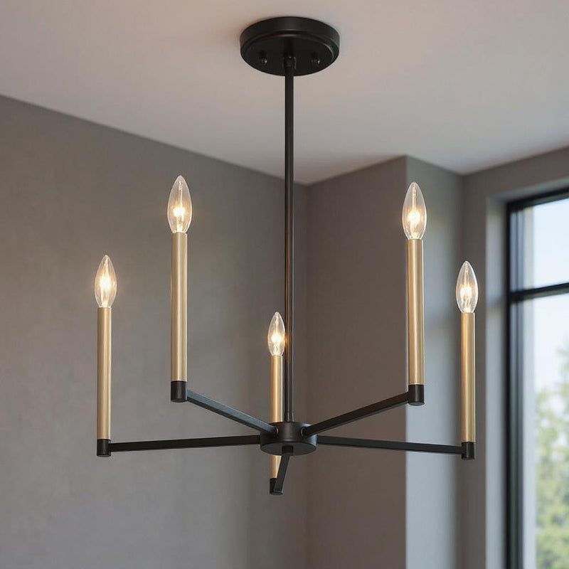 9" Candle Style Five Light Metal Dimmable Chandelier - Black / Gold