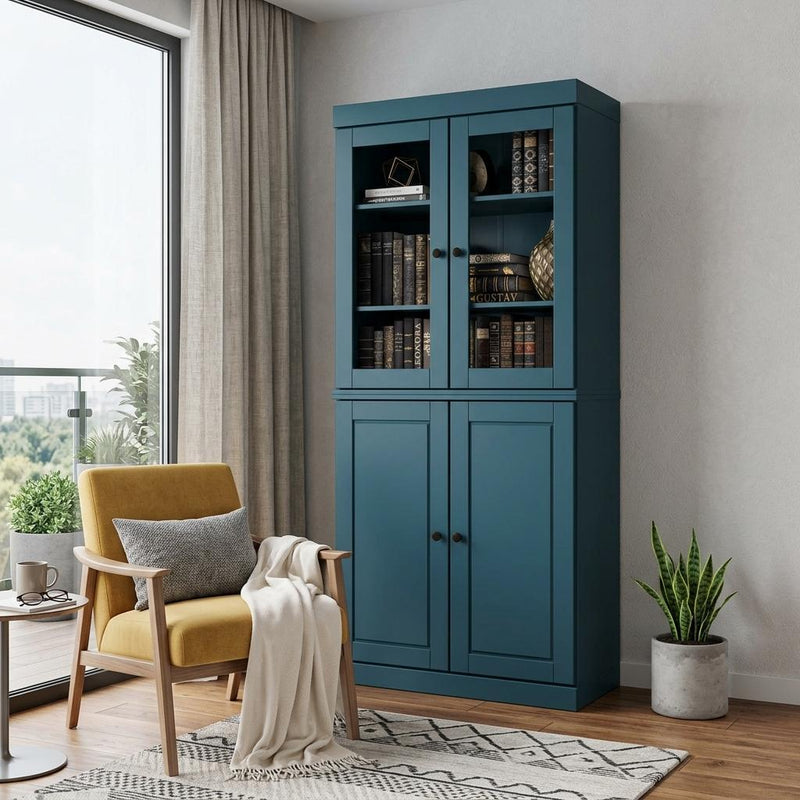 Solid Wood Adjustable Six Tier Library Bookcase With Four Doors (751518) - Teal Blue