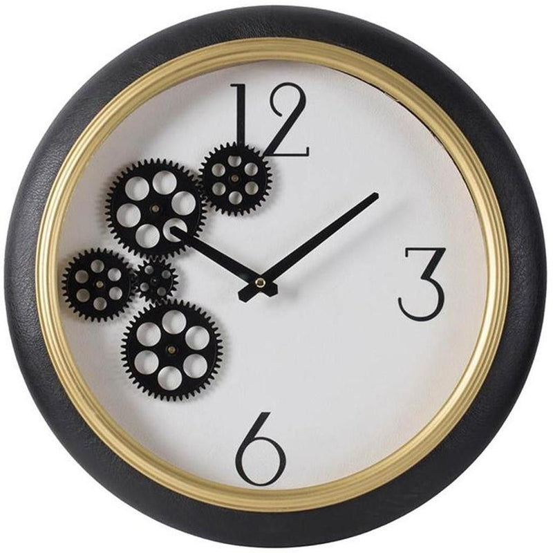 Faux Leather Analog Exposed Gear Round Wall Clock - Black / Gold / White