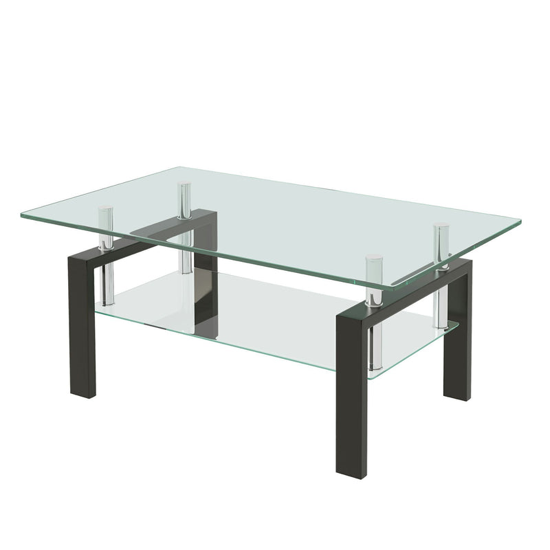 39" Glass And Steel Coffee Table With Shelf - Clear / Black