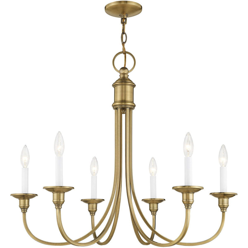 Six Light Metal Dimmable Chandelier With Shades - Antiqued Brass