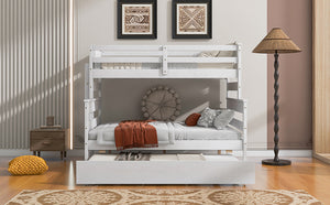 Wood Twin over Full Bunk Bed with Twin Size Trundle, White