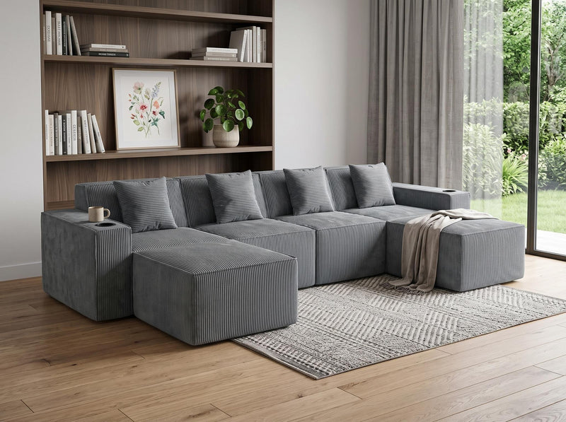 Corduroy Modular Sofa With Ottoman And Toss Pillows - Gray