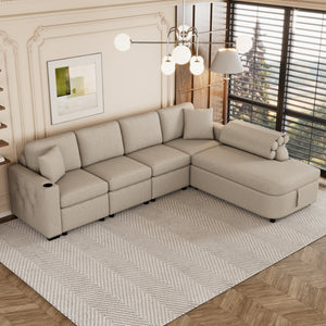 109.8"L-shaped Couch Sectional Sofa with Storage Chaise,Cup Holder and USB Ports for Living Room, Beige