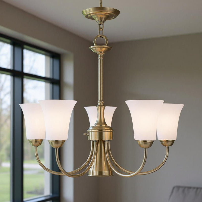 21" Six Light Dimmable Chandelier With Shades - Antiqued Brass
