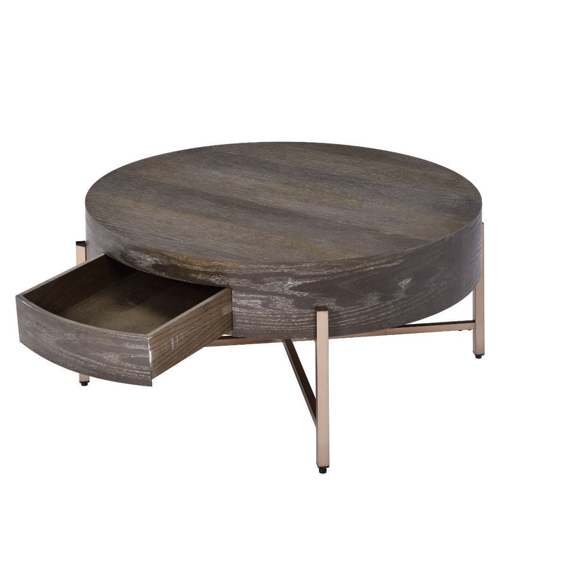 Round Coffee Table With Drawer - Champagne And Dark Oak