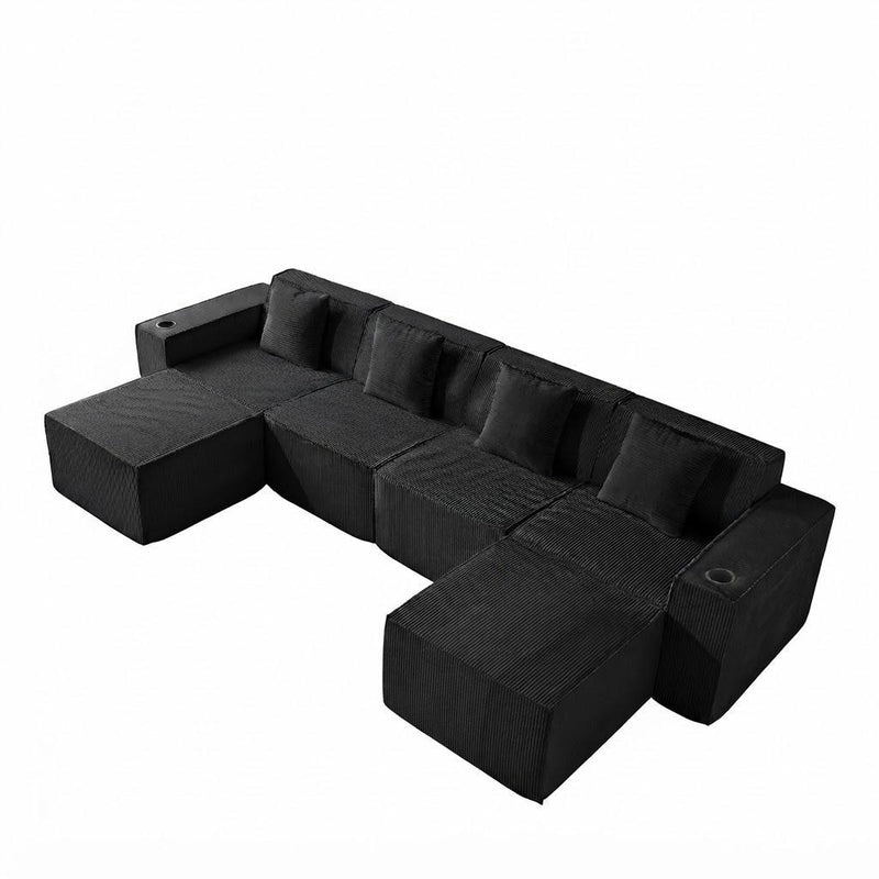 Corduroy Modular Sofa With Ottoman And Toss Pillows - Black