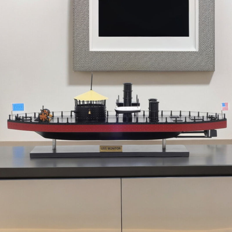 Hand Painted 1862 USS Monitor Model Boat - Black / Red