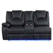 Load image into Gallery viewer, Modern Faux Leather Manual Reclining with Center Console with LED Light Strip,Living Room Furniture Set,PU Symmetrical Couch with 2 Cup Holders and Storage for Living room,Black
