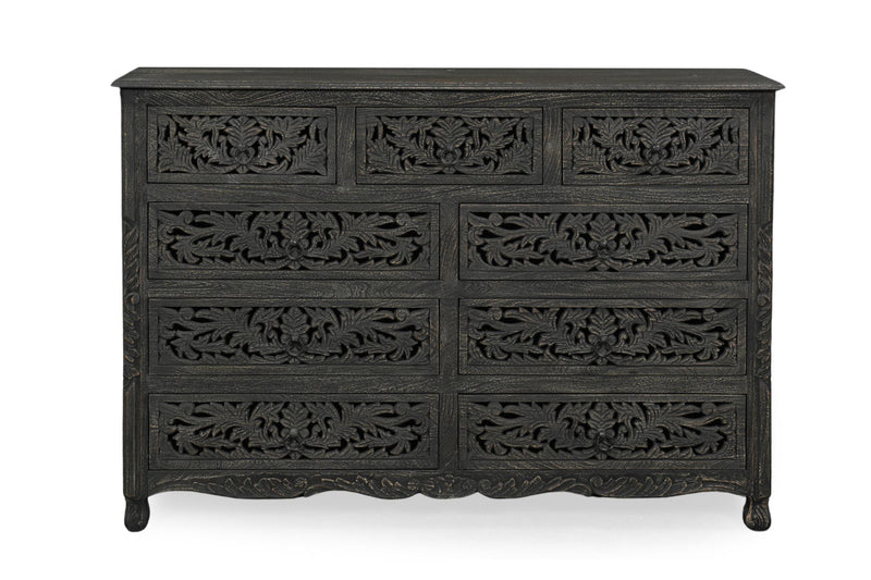 Carved Floral Solid Wood Nine Drawer Dresser - Black