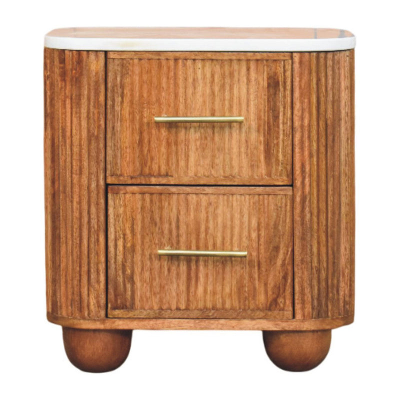 Solid Wood And Marble Ribbed Texture Two Drawer Nightstand - Brown