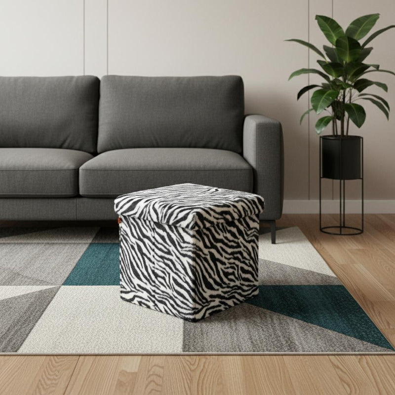 15" Plastic Animal Print Storage Ottoman - White / Black