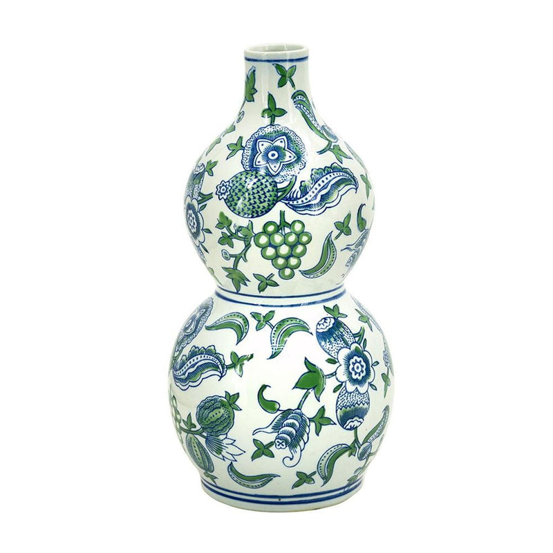 Chinoiserie Porcelain Wavy Gourd Table Vase - White / Green / White